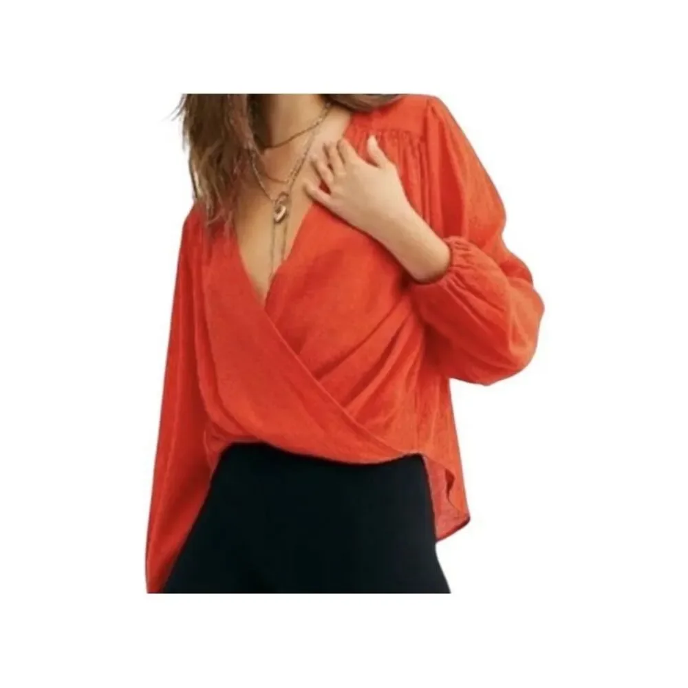 NEW Free people Check On It Wrap Red Crepe Crossover Wrap Top Blouse Size XS